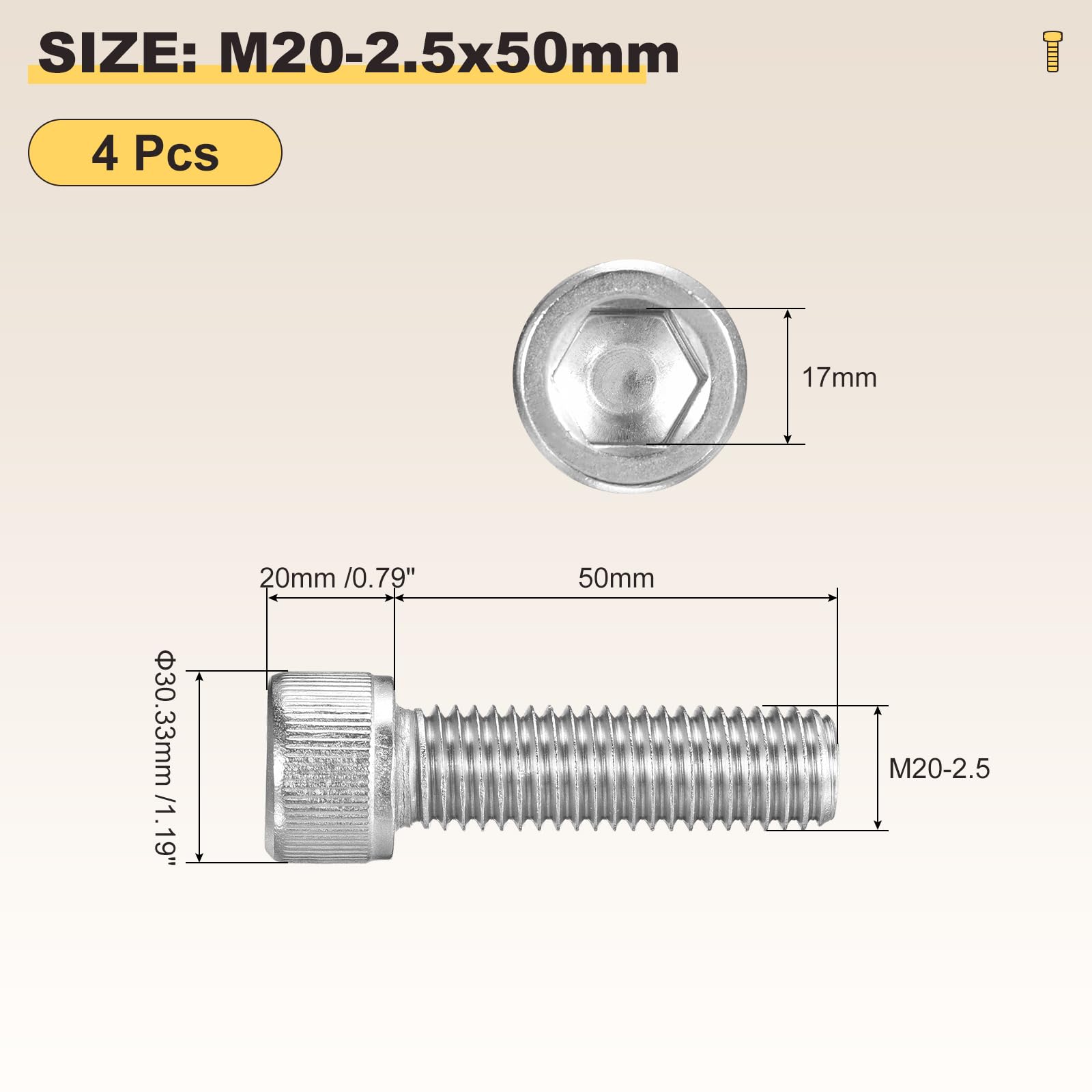 METALLIXITY Socket Head Cap Screws(M20-2.5x50mm)4Pcs, 304 Stainless Steel Allen Socket Drive Metric Fully Threaded Oxide - Image 2