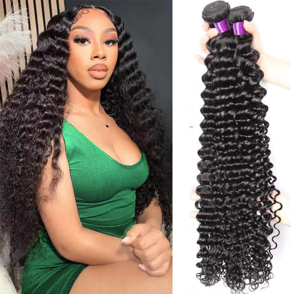 Luduna Deep Wave Human Hair Bundles 100% Unprocessed Brazilian Virgin Remy Hair Deep Wave 3 Bundles Natural Black Color Double Weft Extension
