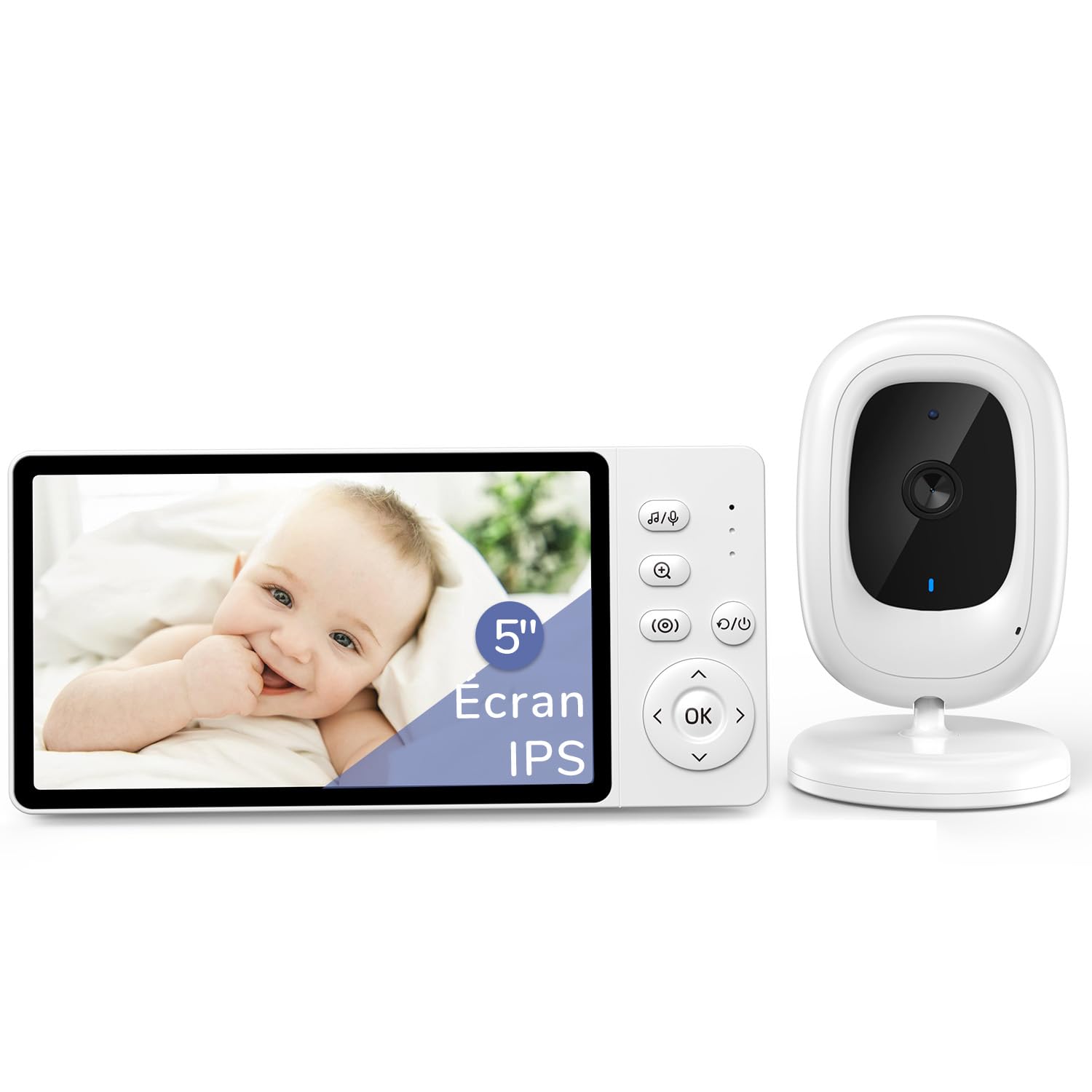 sans WiFi 5" IPS Babyphone Camera, 1080P Babyphone, Vision Nocturne, Mode VOX & Zoom 3X, Audio bidirectionnel Caméra Bébé, capteur de température