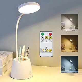 Desk Lamp, Dimming Desk Lamp for College Dorm Room, 360° Gooseneck, Touch, Remote Control, 3 Lighting Mode, Led Small Desk Lamp with Timer&Pen Holder, Desk Lamps for Office, Rechargeable Desk Light