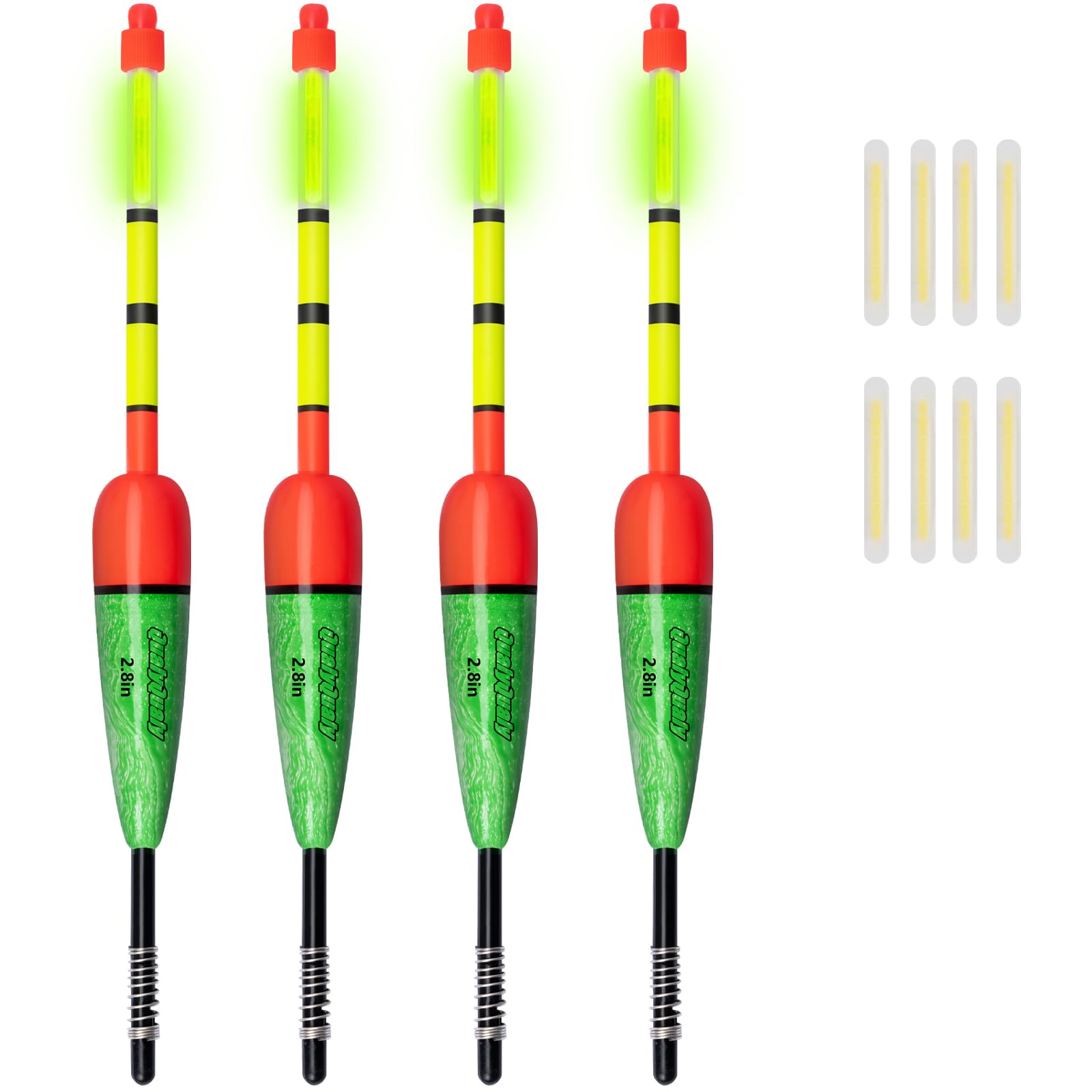 QualyQualy 4 x beleuchtete Angel-Bobber aus Eva-Schaumstoff + 8 x Leuchtstäbe, Nachtangeln, beleuchtete Bobber