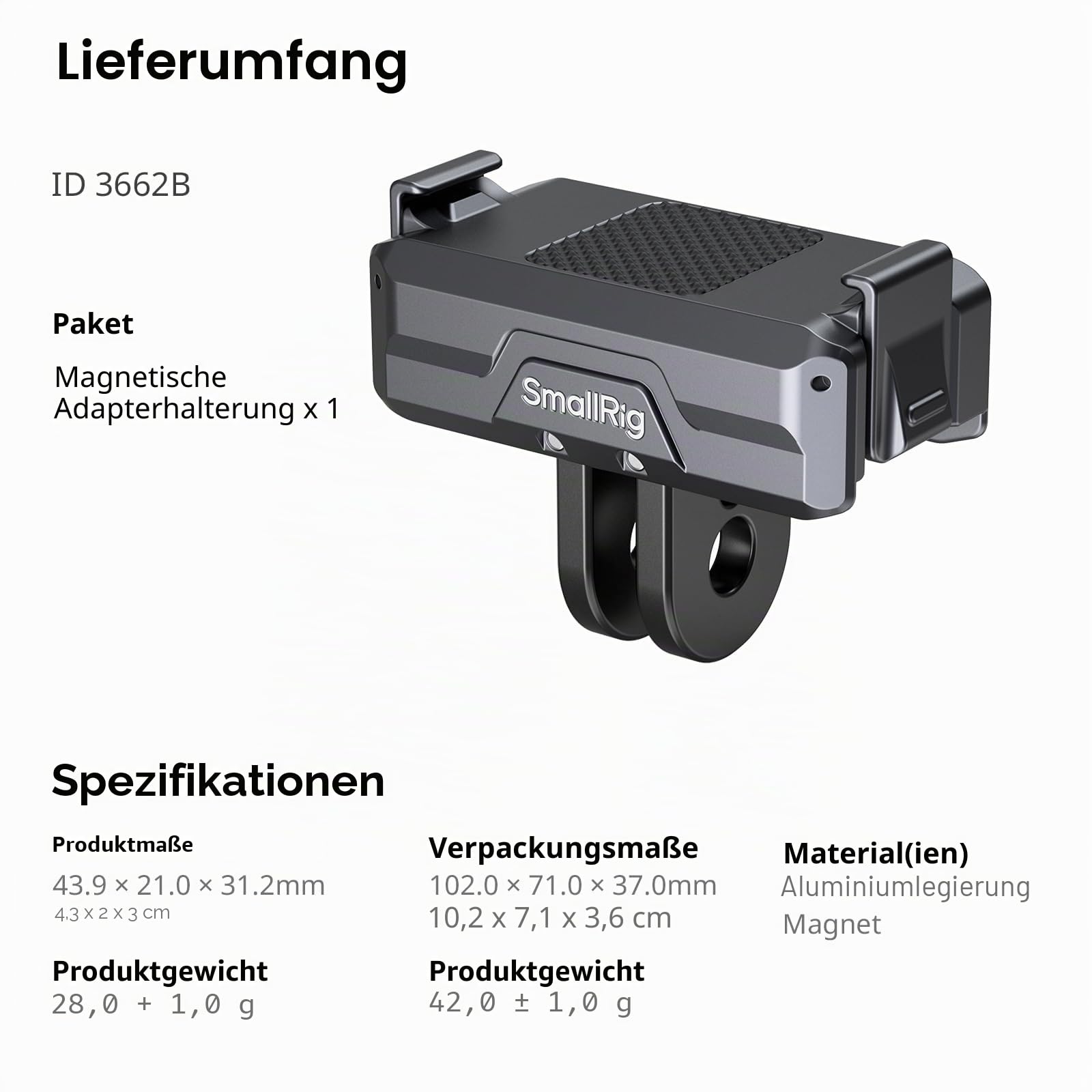 SMALLRIG Magnetic Adapter Mount Magnetische Adapterhalterung für DJI Osmo Action 5 Pro/Action 4 / Action 3 mit einem faltbaren Anschluss und einem 1/4'' Gewindeloch - 3662B