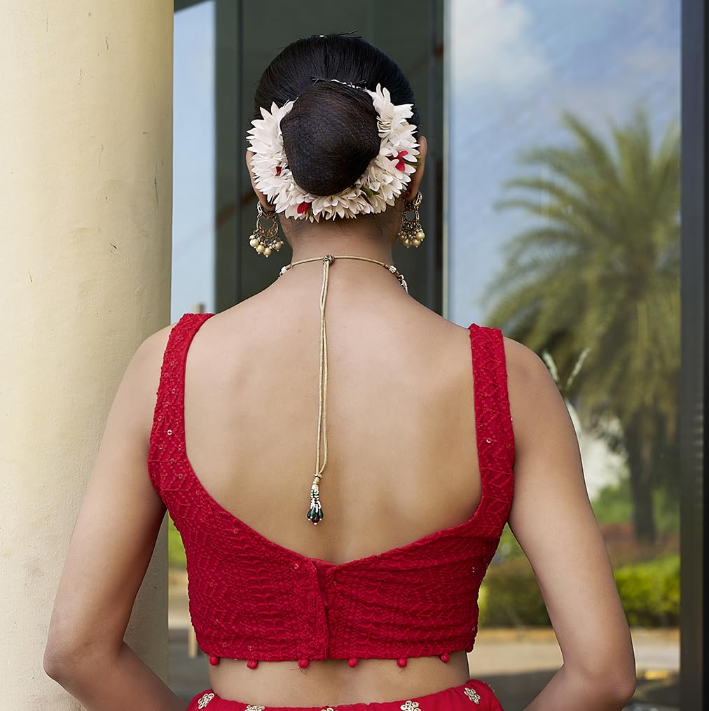 Pujia Mills Women's Georgett Floral Sleeveless Regular Blouse (Pm B Lucknowi 3 Red 38