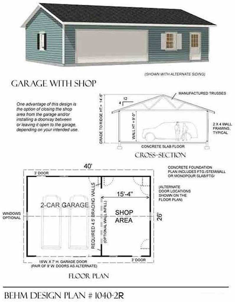 Garage Plans: Two Car Garage with Shop - Plan 1040-2R