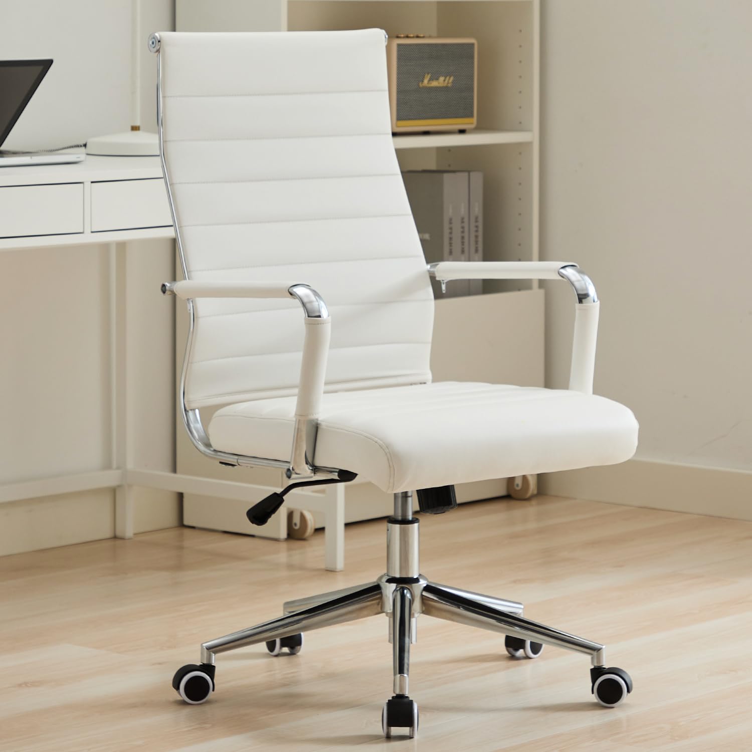 Office Desk Chair Leather, Conference Room Chairs with Wheels, Executive Modern High Back Ergonomic Swivel Rolling Ribbed Computer Chair（White）