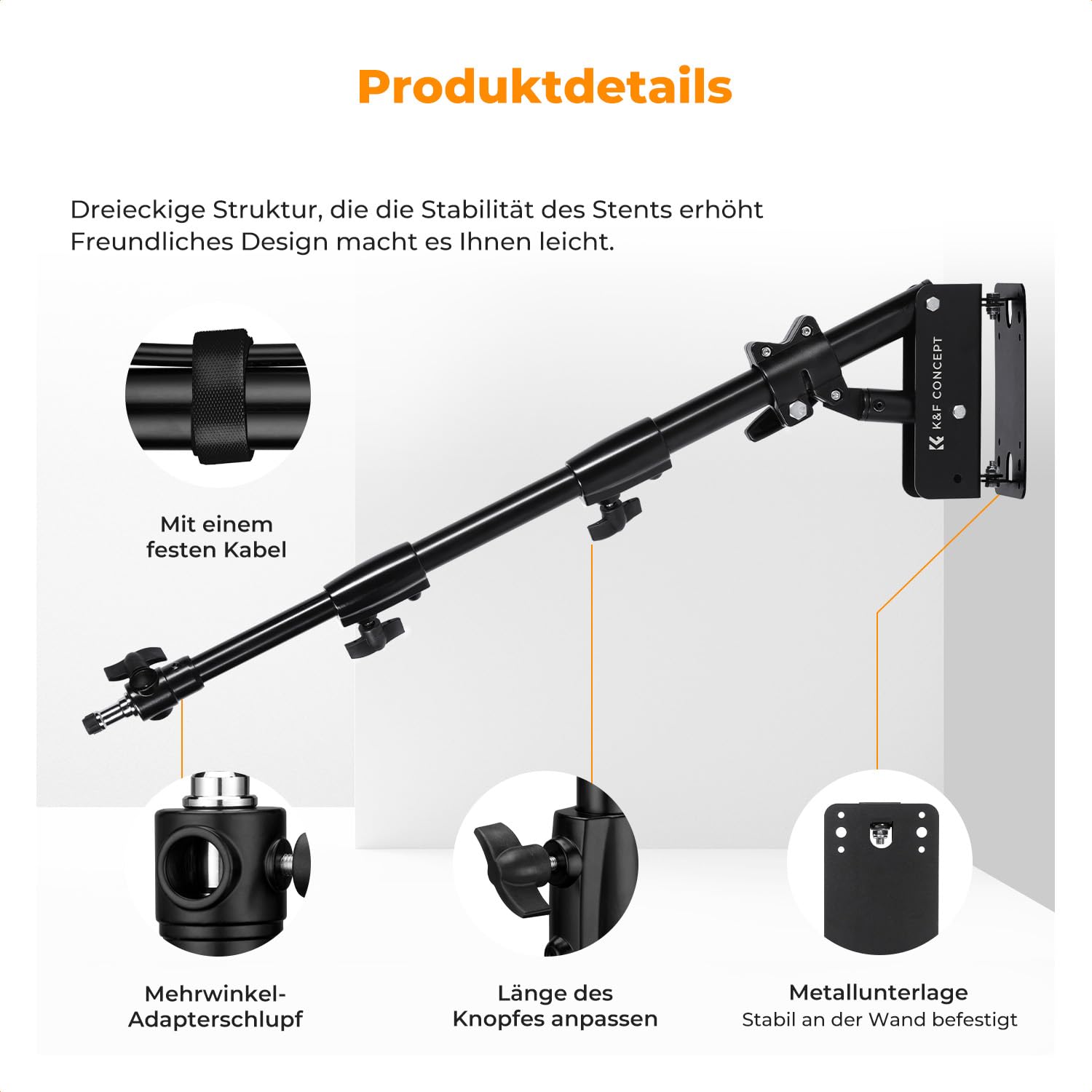 K&F CONCEPT Metal Wandmontage Dreieckiger Boom Arm, 51-100cm Verstellbar | 180° Rotation Wall Mount Galgen für Fotografie Streaming Video,mit 3/8" 1/4" Gewinde Universal Adapter,10KG Last