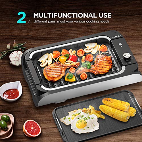 CalmDo Indoor Smokeless Grill, Electric BBQ Grill and Non-Stick Griddle Plates with 3 Temperature Control, Removable Drip Tray, Tempered Glass Lid and 14\'\' X 7.9\'\' Grilling Surface