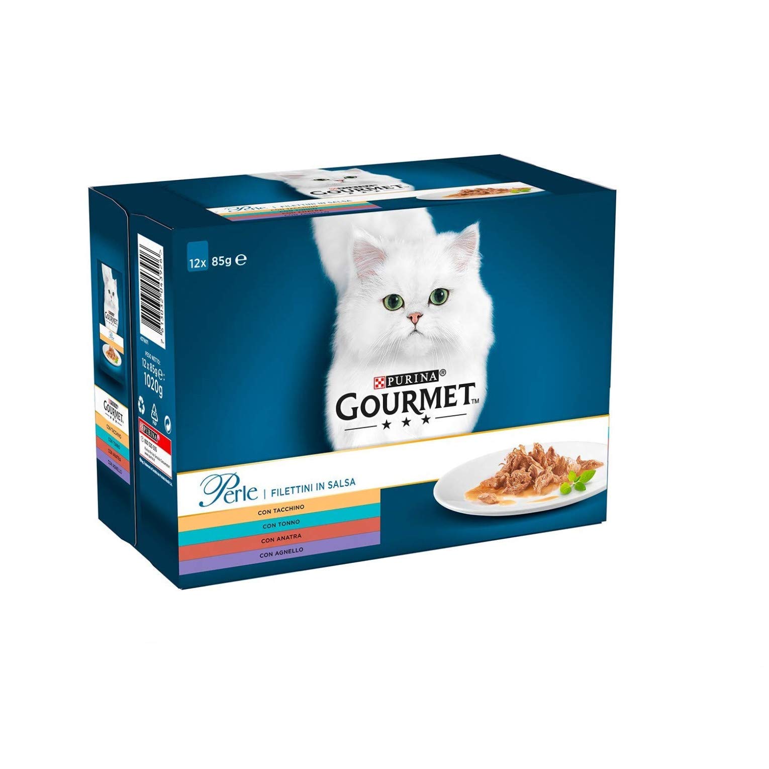 Purina Gourmet - Perlas húmedas para Gatos, filetes de Salsa con Pavo, atún, Pato, Cordero, 72 Sobres de 85 g Cada una (6 Paquetes de 12 x 85 g)