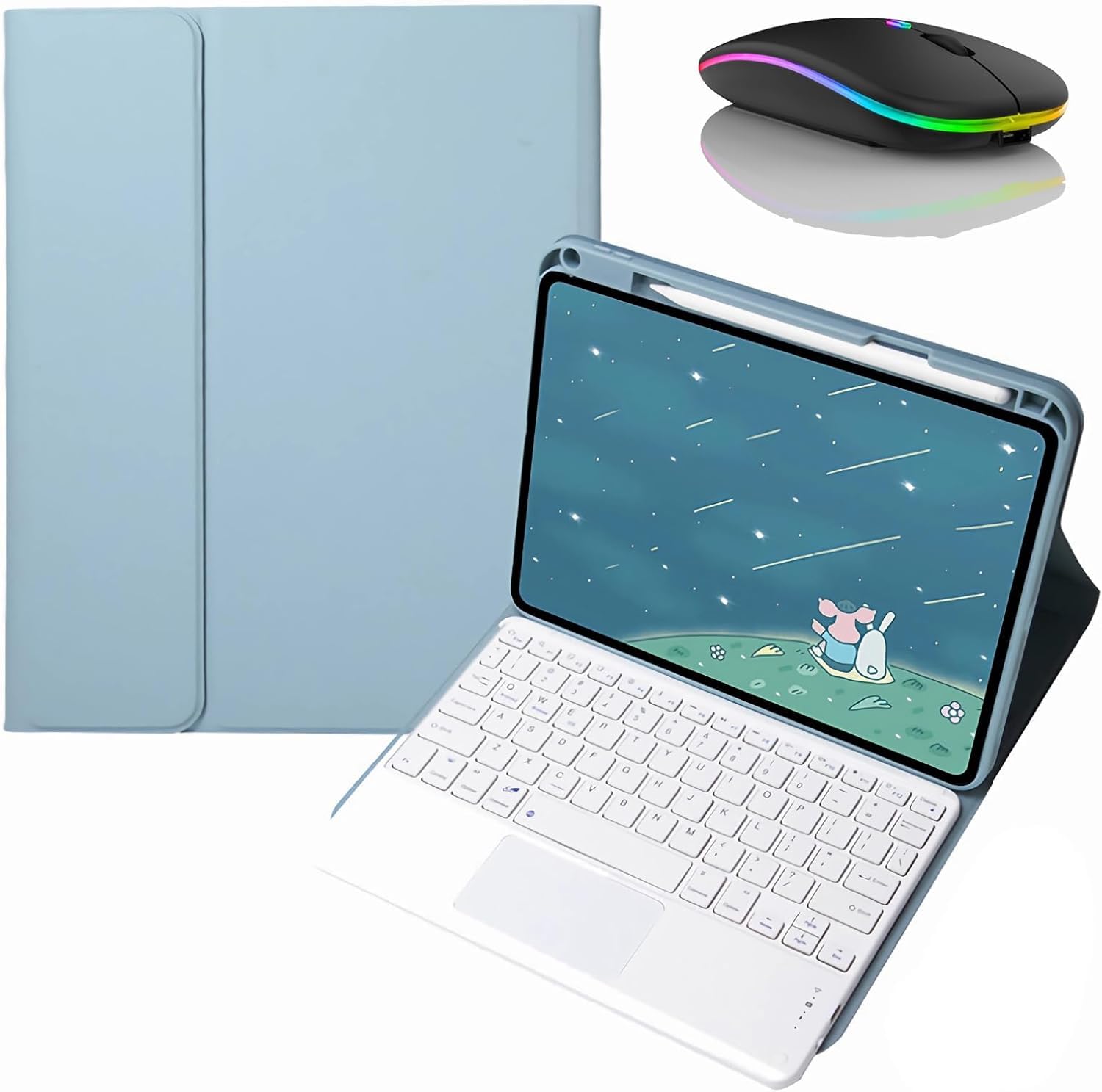 Etui z klawiaturą do Honor Pad X8A 11 cali, zdejmowana klawiatura Bluetooth z panelem dotykowym, miękka tylna pokrywa i mysz Bluetooth, niebieski