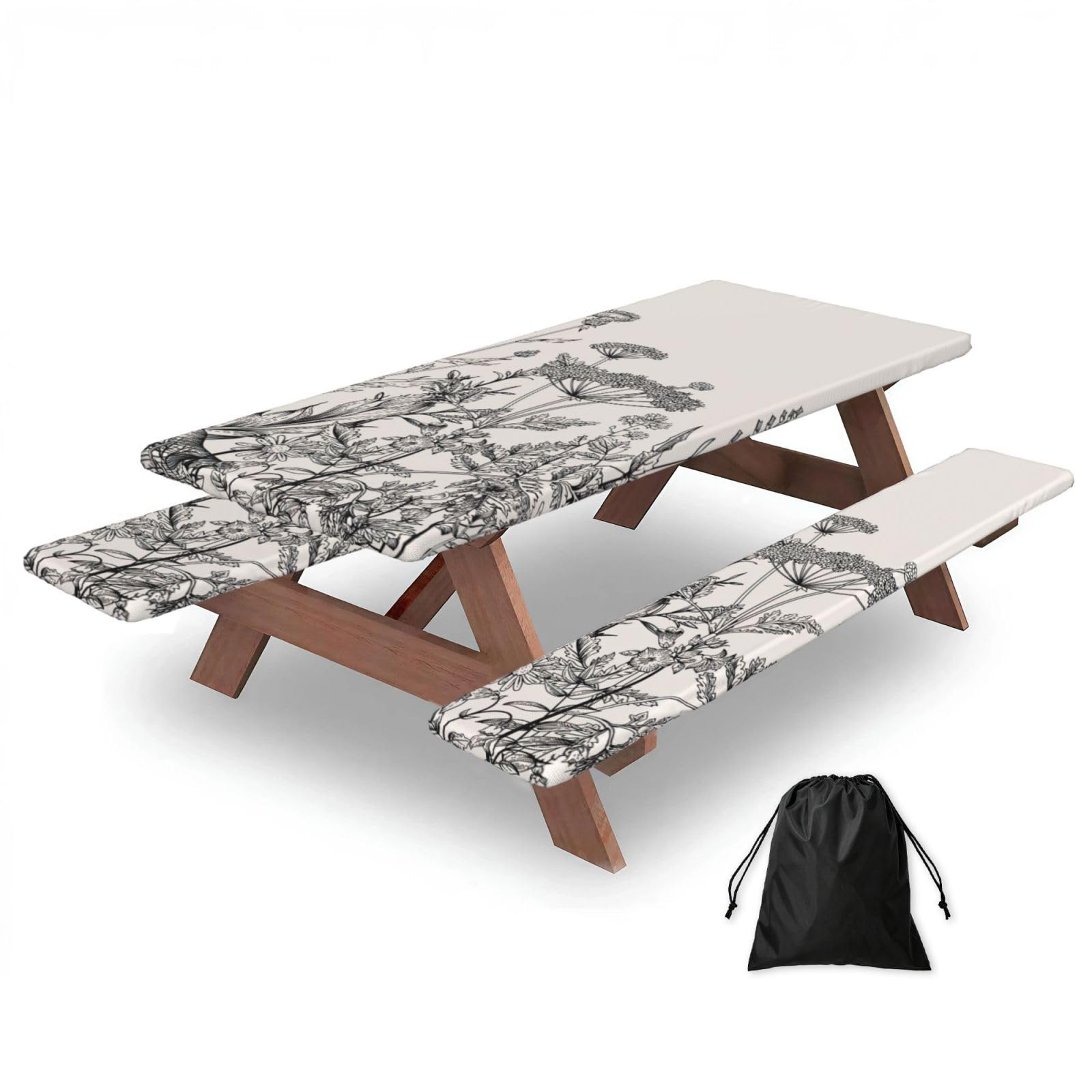 AYYQWE Floral Herbs Botanical Engraving Print Picnic Table Bench Cover Outdoor Garden Party Decor Daily Accessory Gift