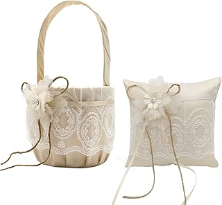 Wnvivi Soft Satin Ring Bearer Pillow and Wedding Flower Girl Basket Set, 2pcs Lace Collection Storage Container Flower Baskets for Wedding Anniversary Celebrations Party Decor