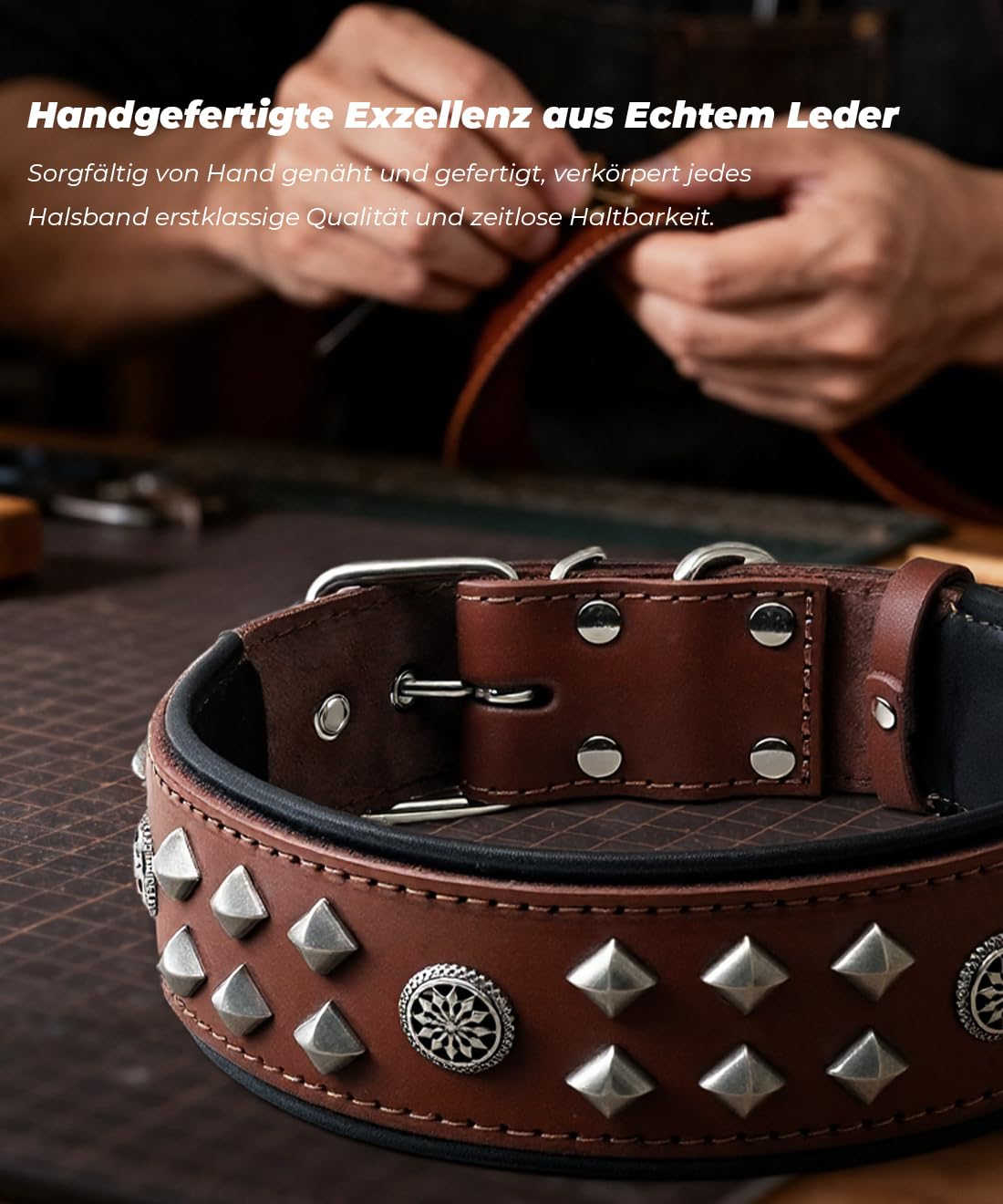 EliteGuard Hundehalsband Leder, 5,6 cm Breit, Handgefertigt Mit Nieten Und Edelstahlschnalle, Für Den Täglichen Gebrauch Bei Großen Hunden Braun 36.5-47.5 cm