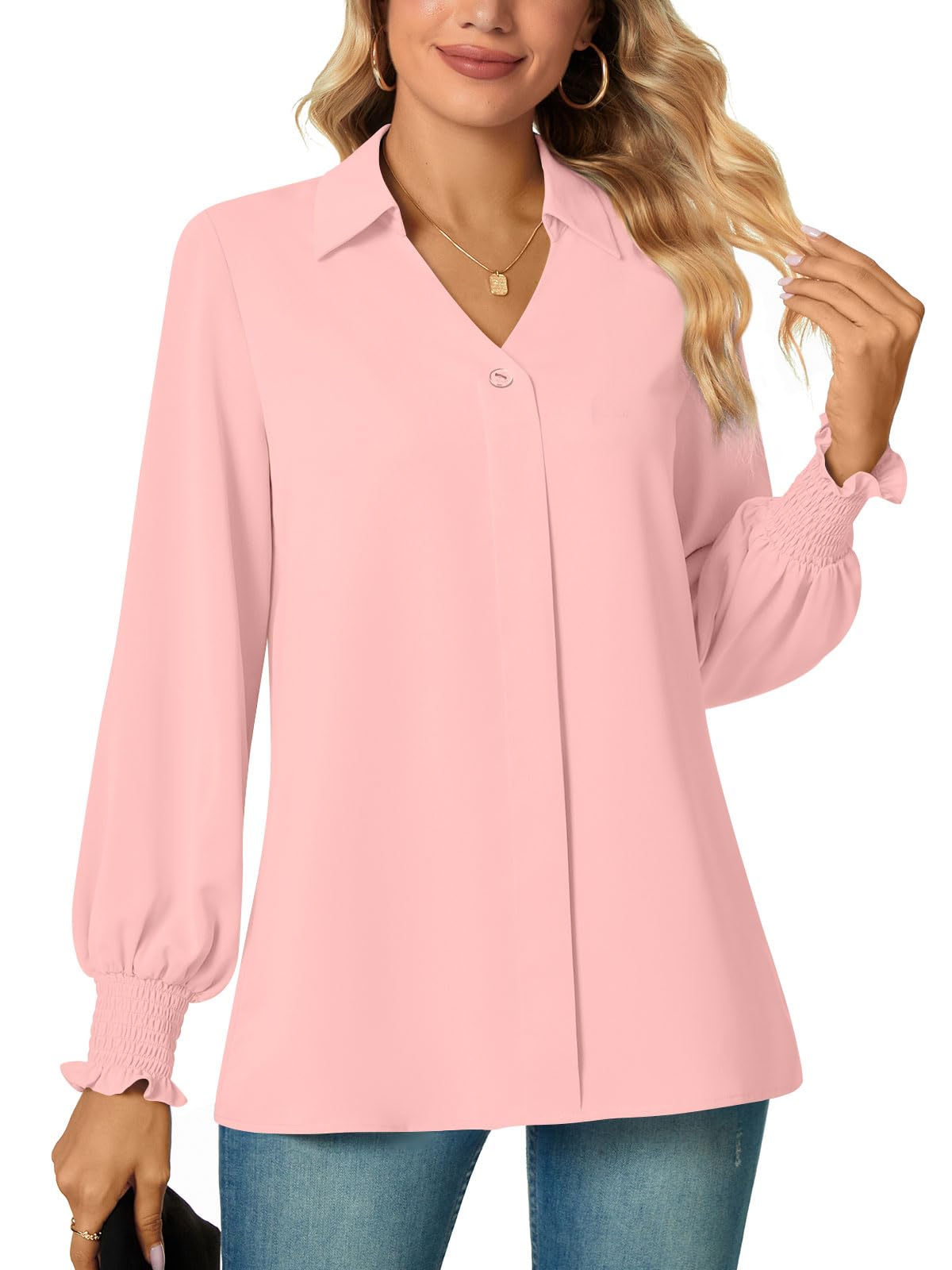 AodemoWomen's Summer Collared V Neck Chiffon Blouse Dressy Business Tunic Petal Short Sleeve Office Shirt Tops for Work
