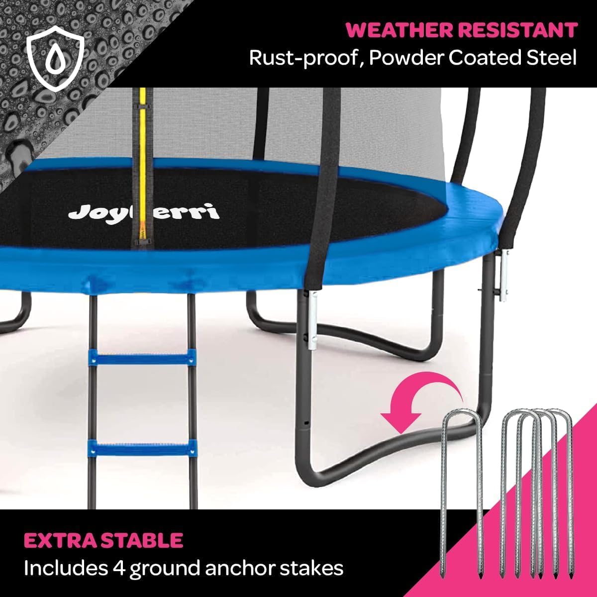 JoyBerri Trampoline Outdoor - Upsurge ASTM Certified Safe 8Ft 10Ft 12Ft 14Ft 15Ft 16Ft Recreational Trampoline for Kids and Adults. Anti-Rust Coating with Enclosure Net, Ladder, Sprinkler & LED Lights