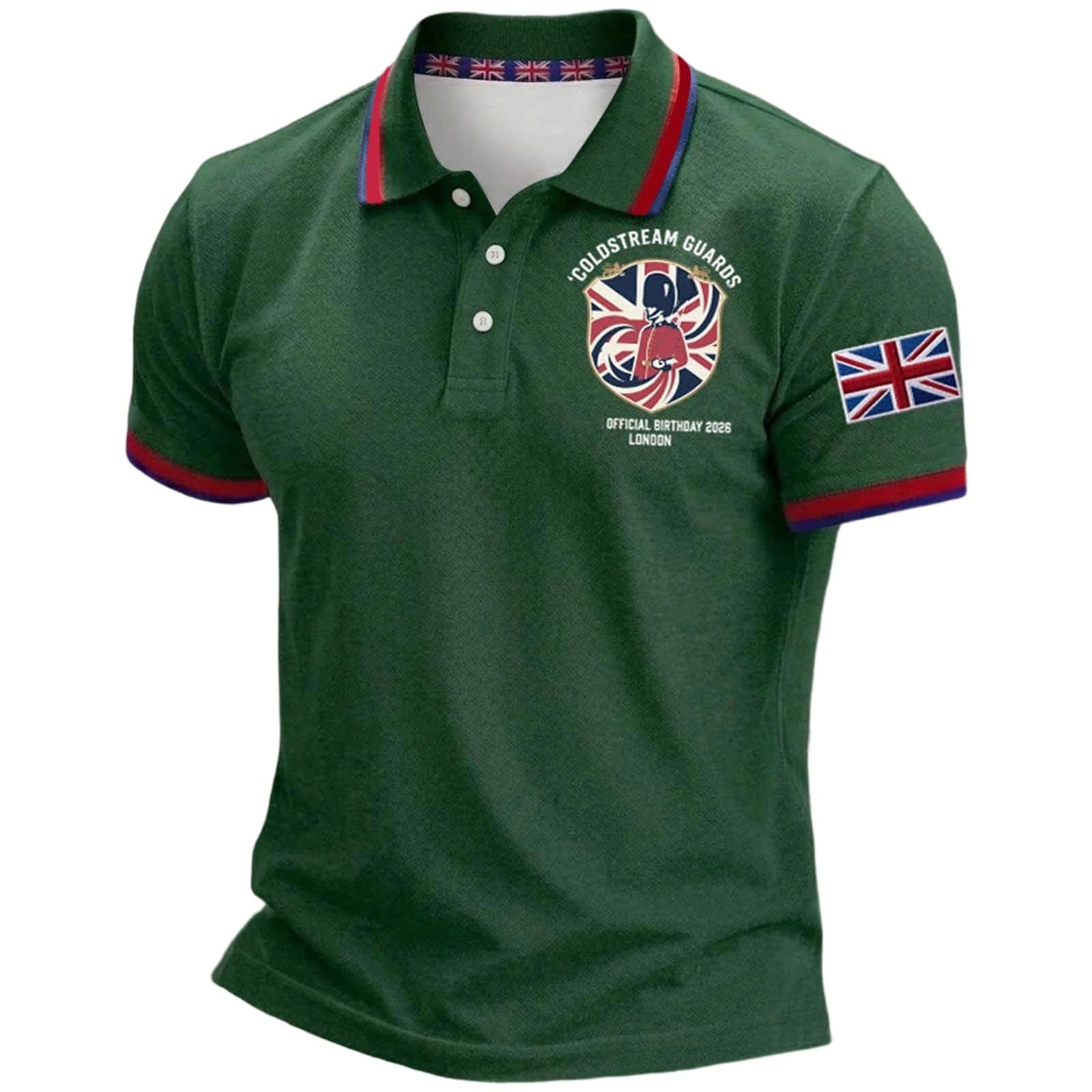 Mens England Polo Shirts Football 2026 Short Sleeve Collared Neck Great Britain Bunting Flags Print Union Jack T Shirt England Football Jersey Tops Breathable Fans Shirts (003-Green, 3XL)