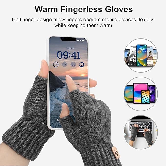 Image of Half Finger Woolen Winter Gloves for Men Women- Warm & Soft Knitted Gloves for Cold Weather