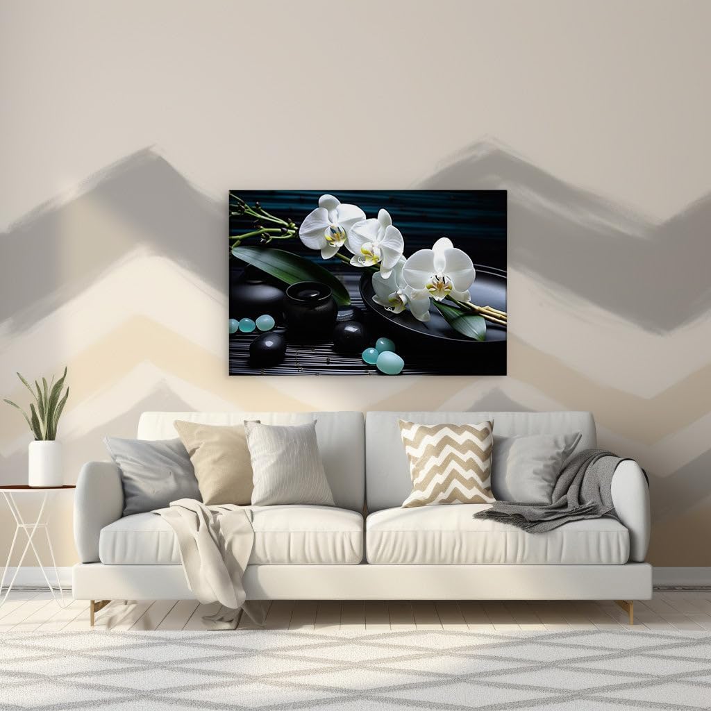 Art Wall: Masterful White Orchids and Stones Exuding Elegance and Tranquility. Interior Decor, Canvas Art Design, Art Apartment Decoration, Office Arts Design. Size: 69x46 cm (27x18 inch)