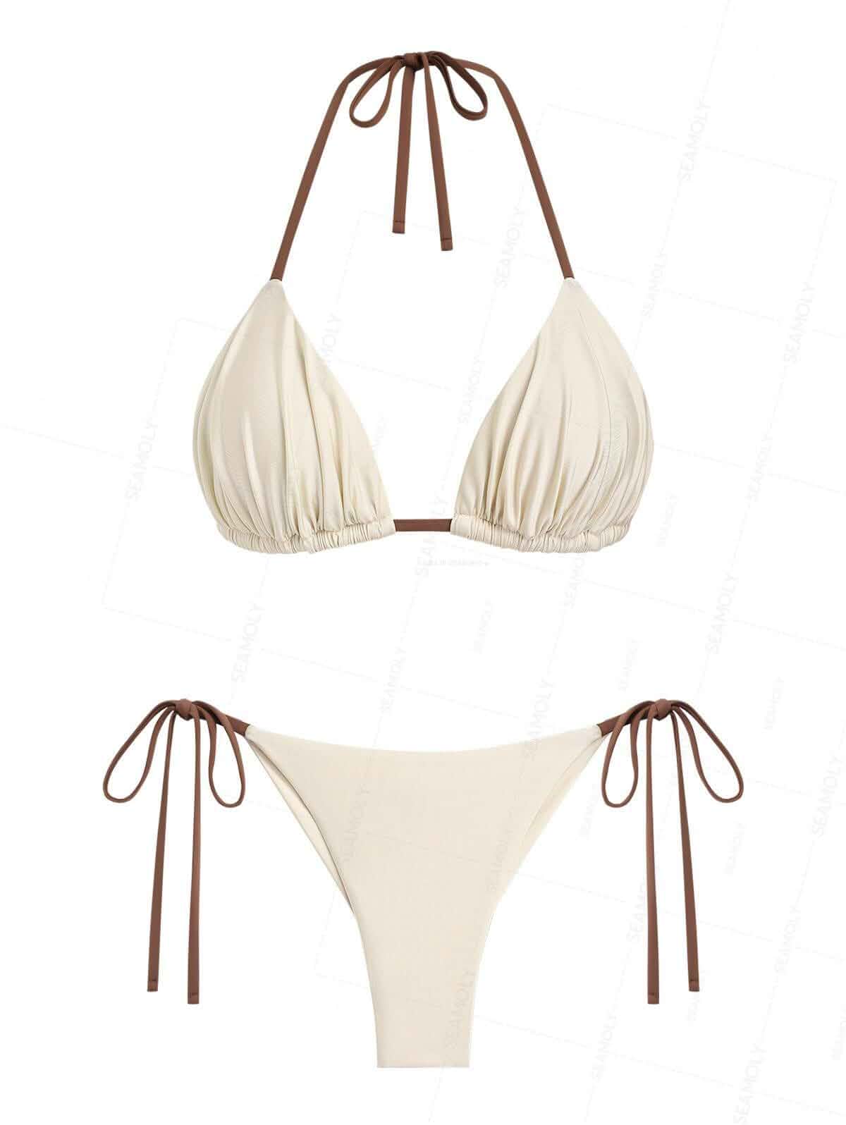 seamoly Contrast Binding Textured Halter Triangle Tie Side Bikini Set Solid Color