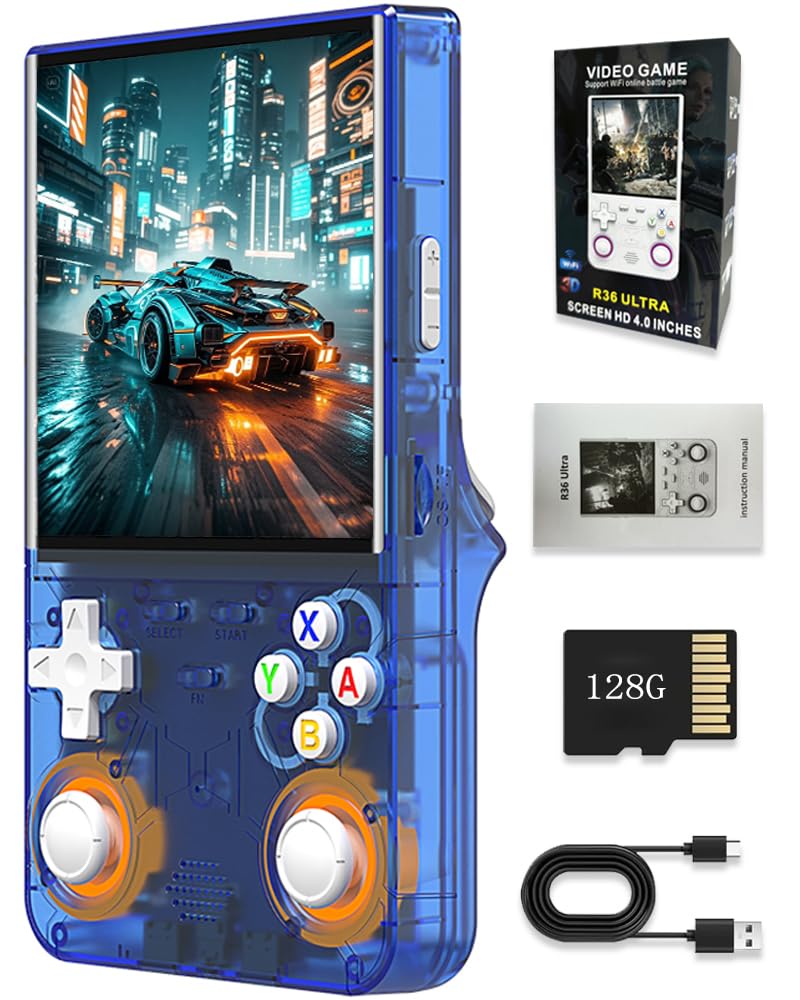 New R36 Ultra Handheld Game Console, 4" IPS Screen Portable Video Game Console , Built in 128G Card & 30000 Games