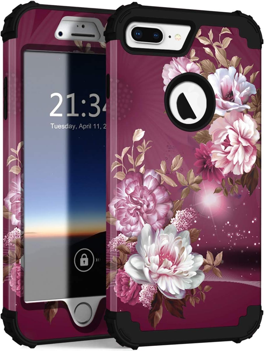 Hocase iPhone 8/7 Plus Case - Heavy Duty Shockproof Protection, Hybrid Hard Plastic+Silicone Rubber, Royal Purple/White Flowers