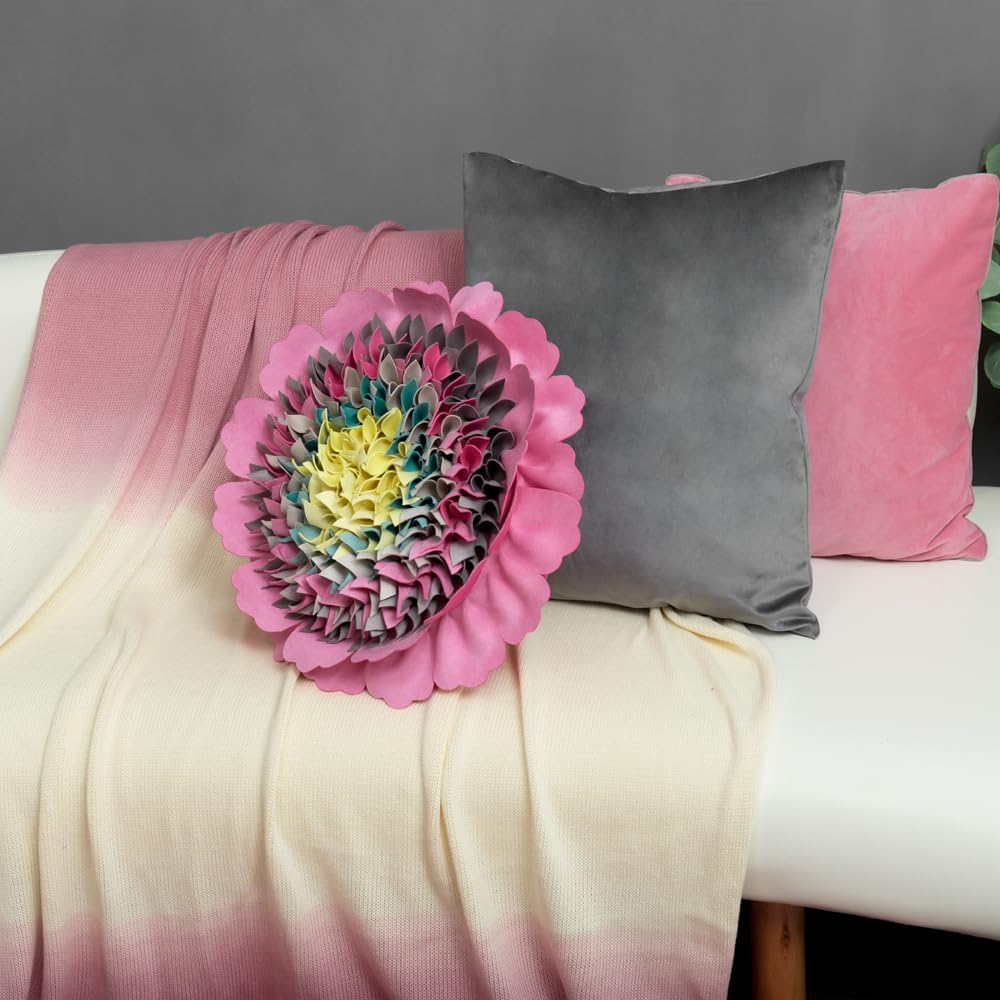 Decorative 3D Flower Round Velvet Throw Pillow Handmade Cute Floral Pillowcase with Insert Soft Elegant Accent Cushion for Couch Bed Living Room Bedroom Farmhouse Home Decor 14 Inch Hot Pink