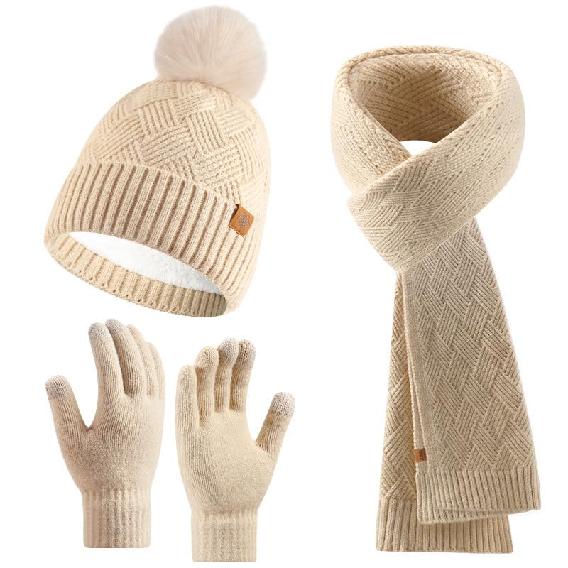 Conjunto de bufanda, gorro y guantes táctiles para mujer con pompón