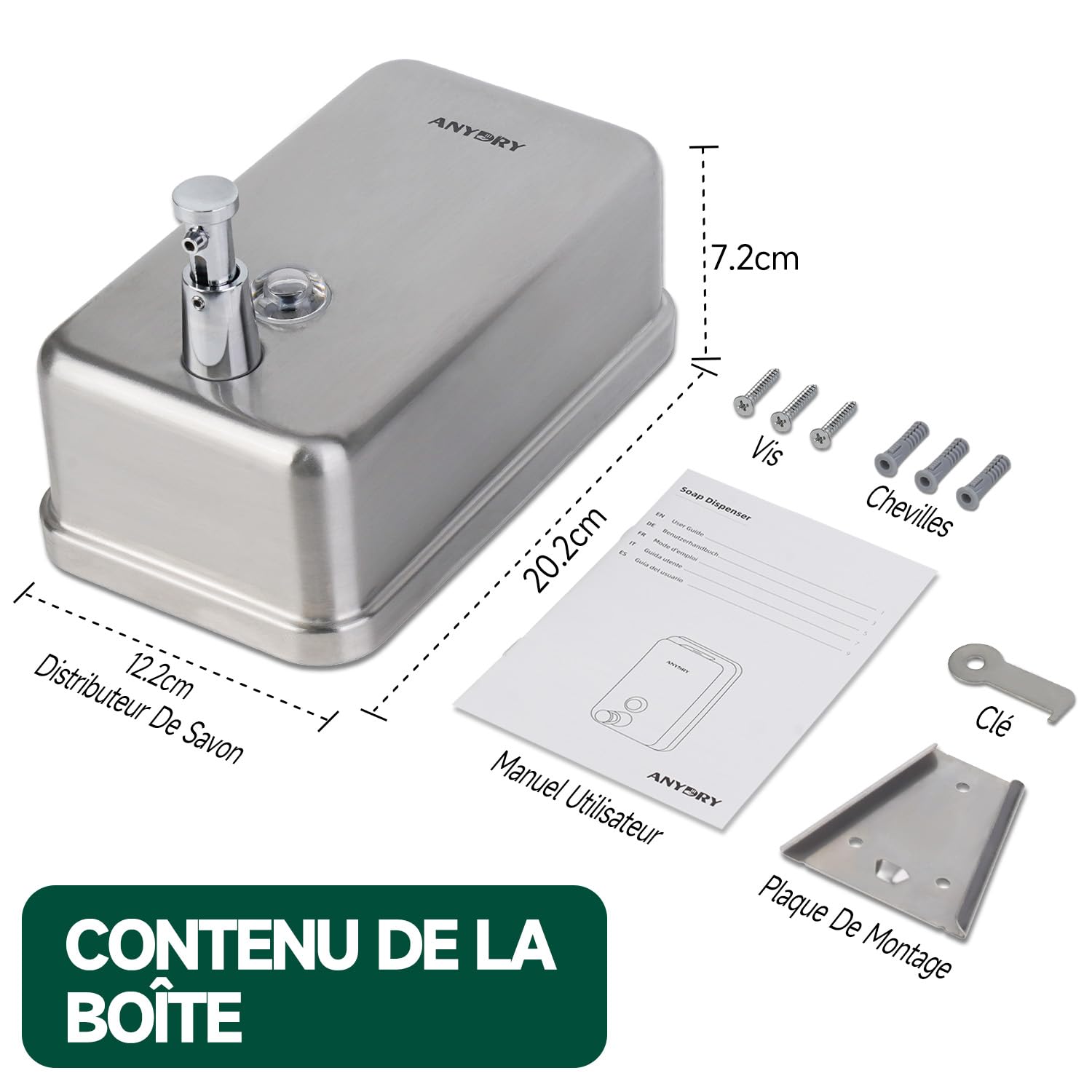 anydry Distributeur de Savon Manuel Professionnel 1100ml, Finition en Acier Inoxydable Durable, Mural pour Salle de Bain & Cuisine (Brossé)