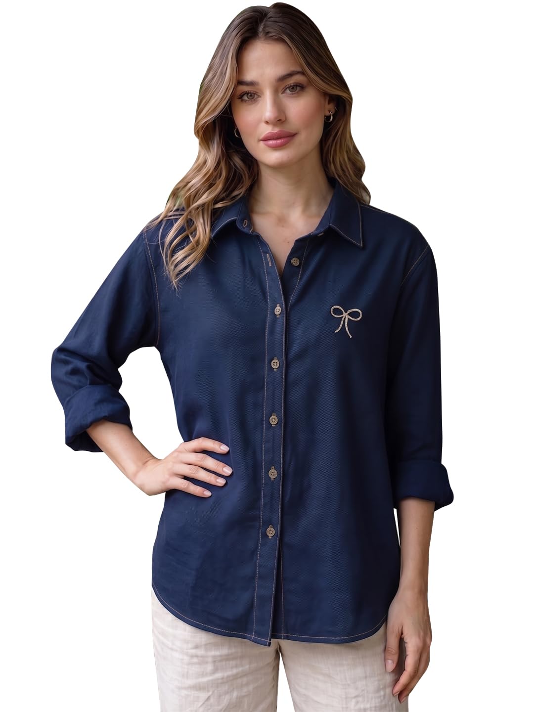 Effortless Denim Embroidery Shirt, Classic Indigo Button-Down Shirt with Minimal Bow Detail, Relaxed Fit for Everyday Casual Elegance and Timeless Style-image-4
