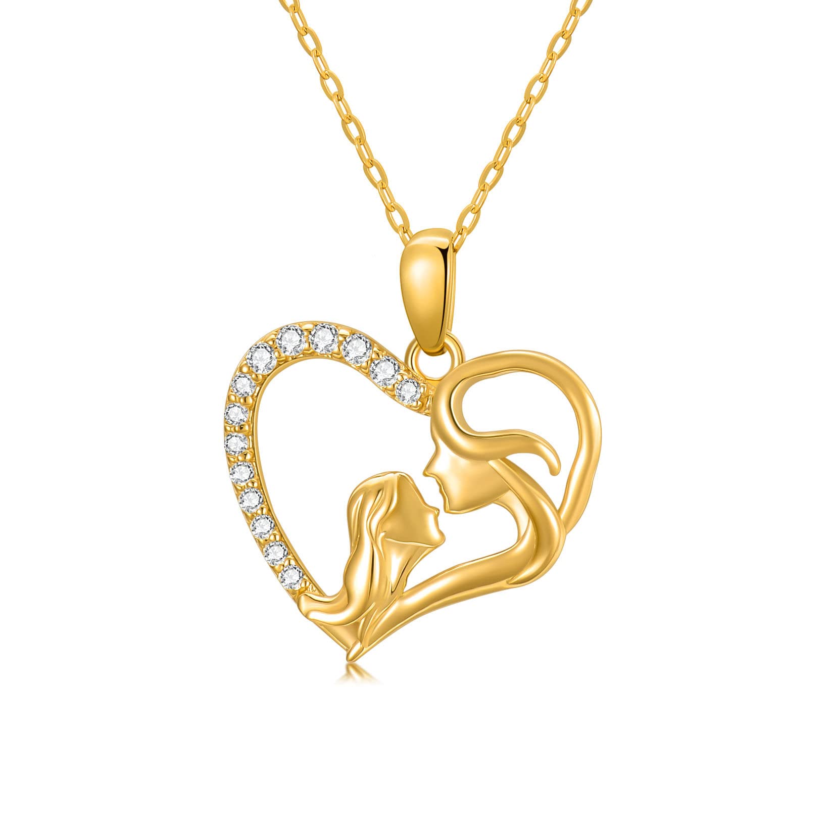 YDD14K Solid Gold Mom Necklace for Women Mother Daughter Necklaces Mom and Child Love Heart Pendant Necklaces for Mother's Day New Mum Jewelry Gift in Birthday 16-18'', Gold, Cubic Zirconia