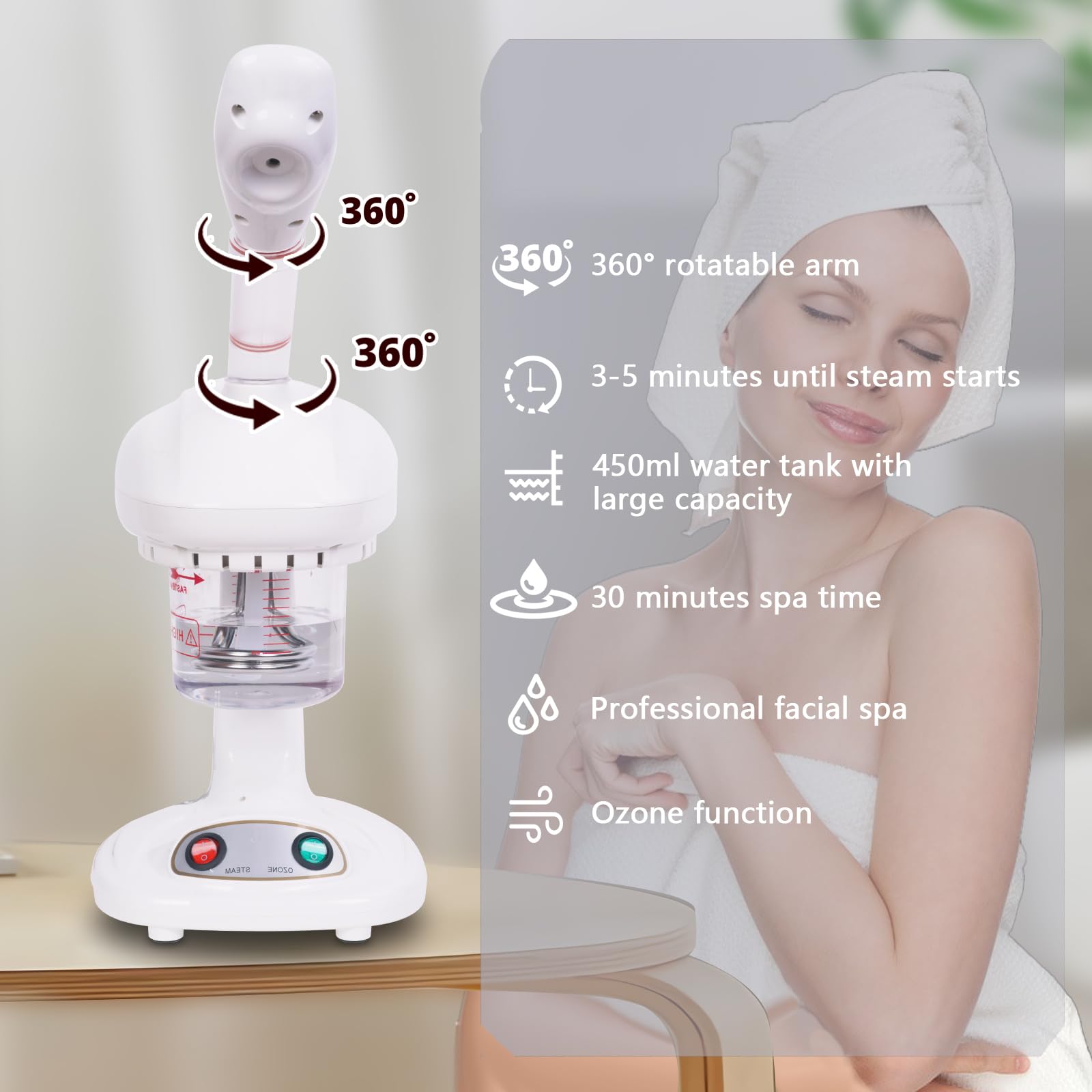 Gesichtssauna und Gesichtsdampfer – Professionelles Nano-Ionisches Dampfgerät zur Porenreinigung für die persönliche Gesichtspflege und SPA-Erfahrung, 450 ml