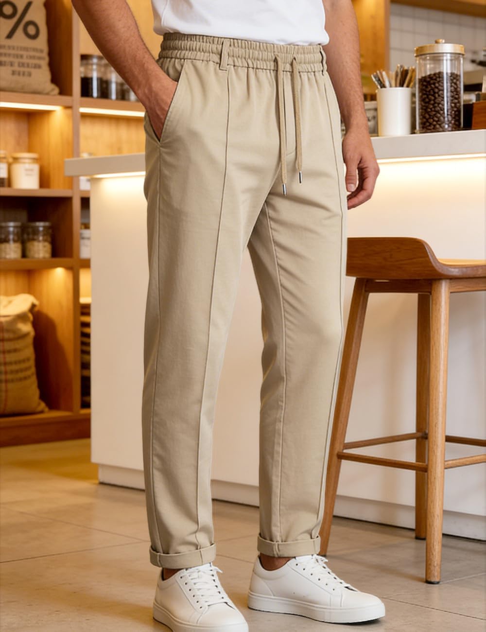 Mens Casual Chino Pants Elastic Waist Lightweight Trousers Classic-Fit Pants with Pockets - Image 5