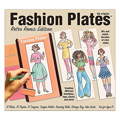 Image of Fashion Plates Retro - Mix-and-Match Drawing Kit, Arts and Crafts, Coloring, Art Supplies, Craft Supplies, Stencils, Crayons Included, Create Your Own Designs, Ages 6+