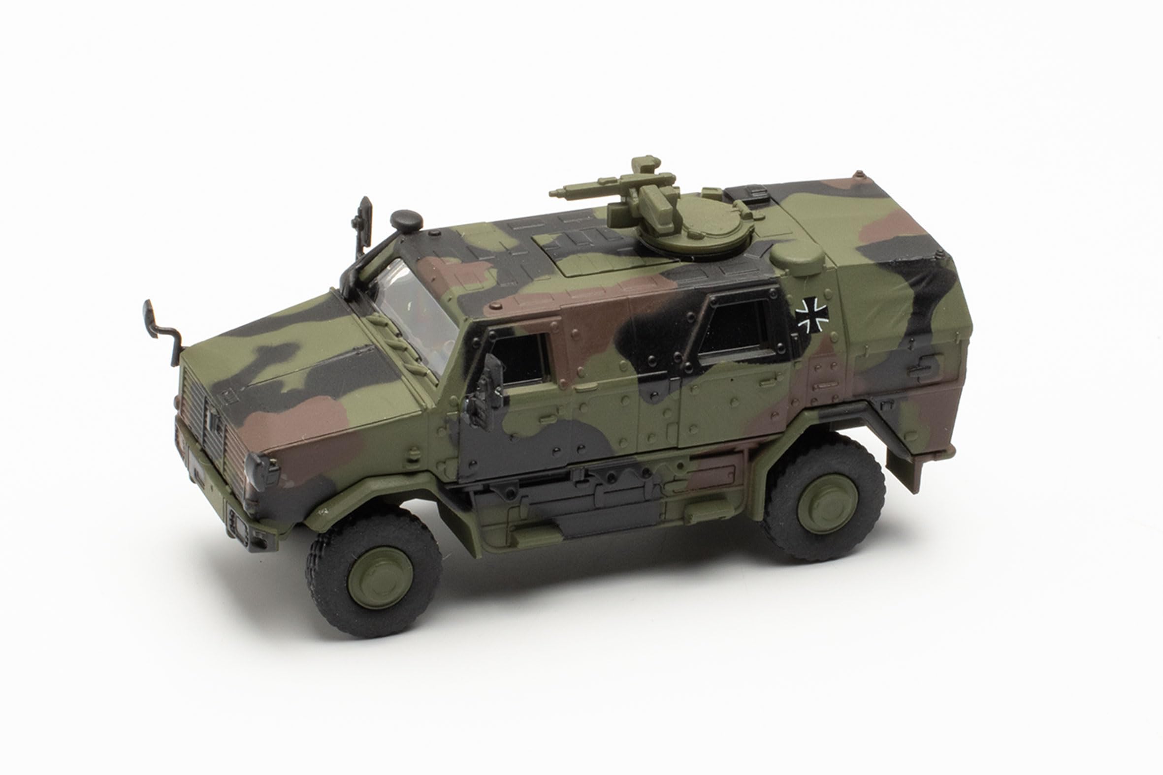 herpa Modèle Militaire véhicule de Transport Tout-Protection (ATF) Dingo avec KMW 1530, décoré, Miniature à l'échelle 1:87, Objet de Collection, fabriqué en Allemagne, Plastique, Vert