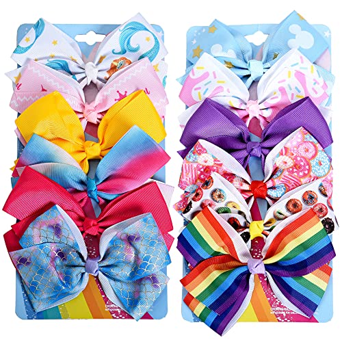 Dwenarry 5 Inch Hair Bows for Girls,Colorful Rainbow Heart Girls Hair Bows
