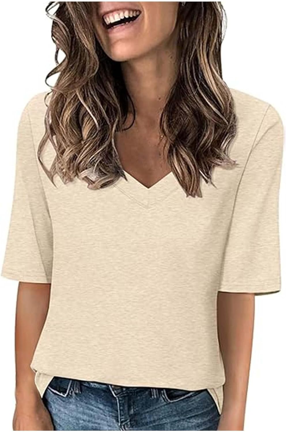 Womens T Shirts Summer Casual V Neck Half Sleeve Tops Loose Basic Tshirts Summer Solid Color 1/2 Sleeve Tunic Tee Shirts Comfy Fit Plain Sport Blouses Ladies Blouses Going Out Tops Daily Wear