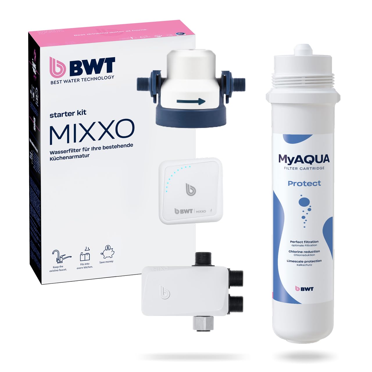 BWT MIXXO Starter Kit - Soft, Filtro de agua bajo encimera para grifos de cocina existentes, Cartucho filtrante Soft para agua descalcificada