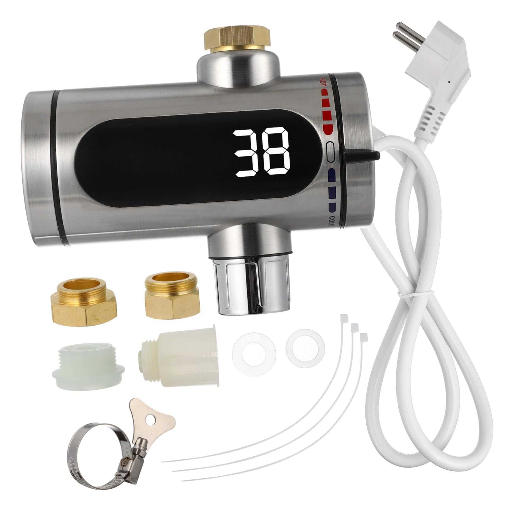 Grifo Calentador Instantáneo de Acero Inoxidable 220 V 3000 W 50 Hz | Pantalla Digital LED, Bobina Integrada, Control de Temperatura, IPX4, Instalación Sencilla, Rotación 360°