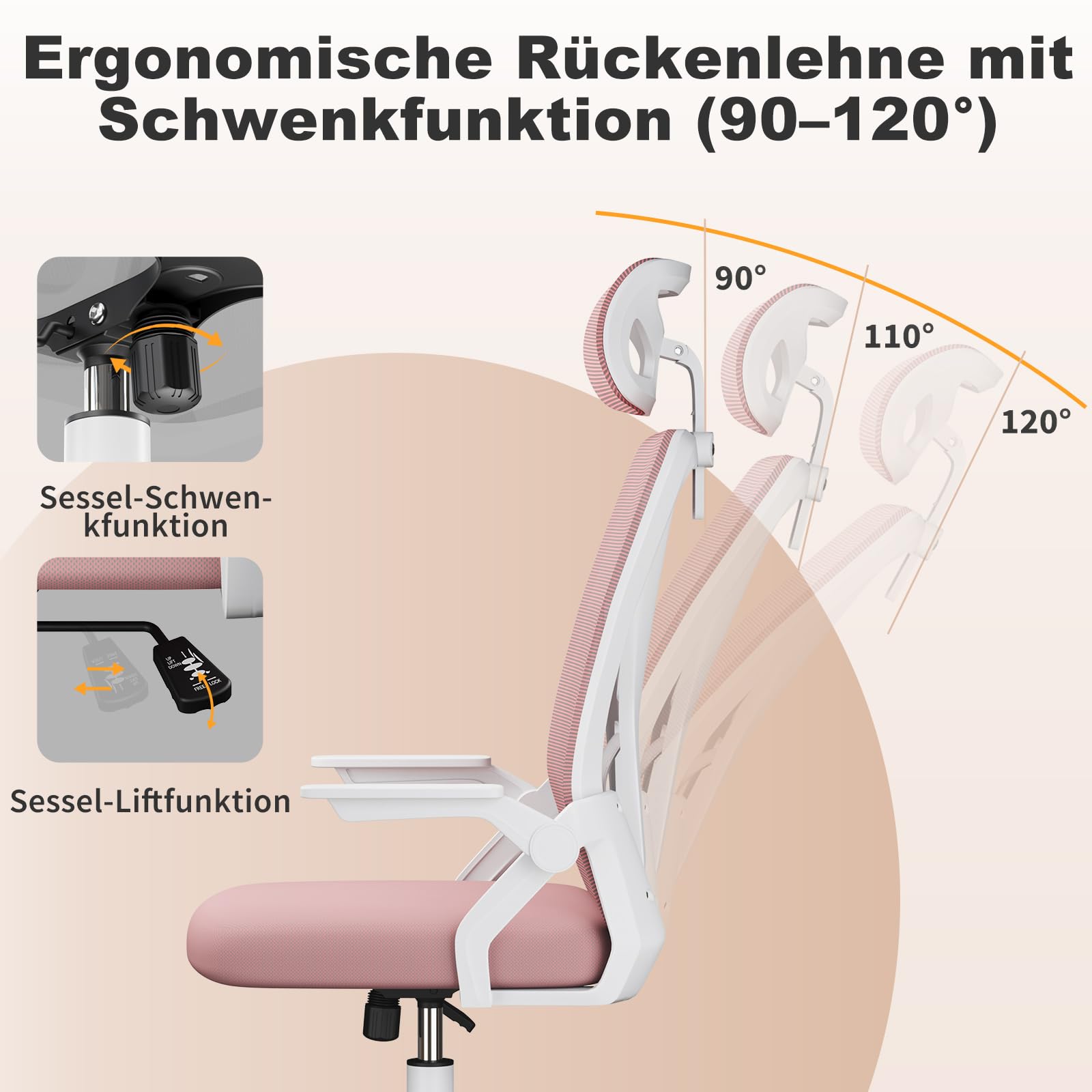 naspaluro Bürostuhl mit Lenden- und Kopfstütze, Drehstuhl mit 90° Klappbaren Armlehnen (Mit Kopfstütze, Rosa)