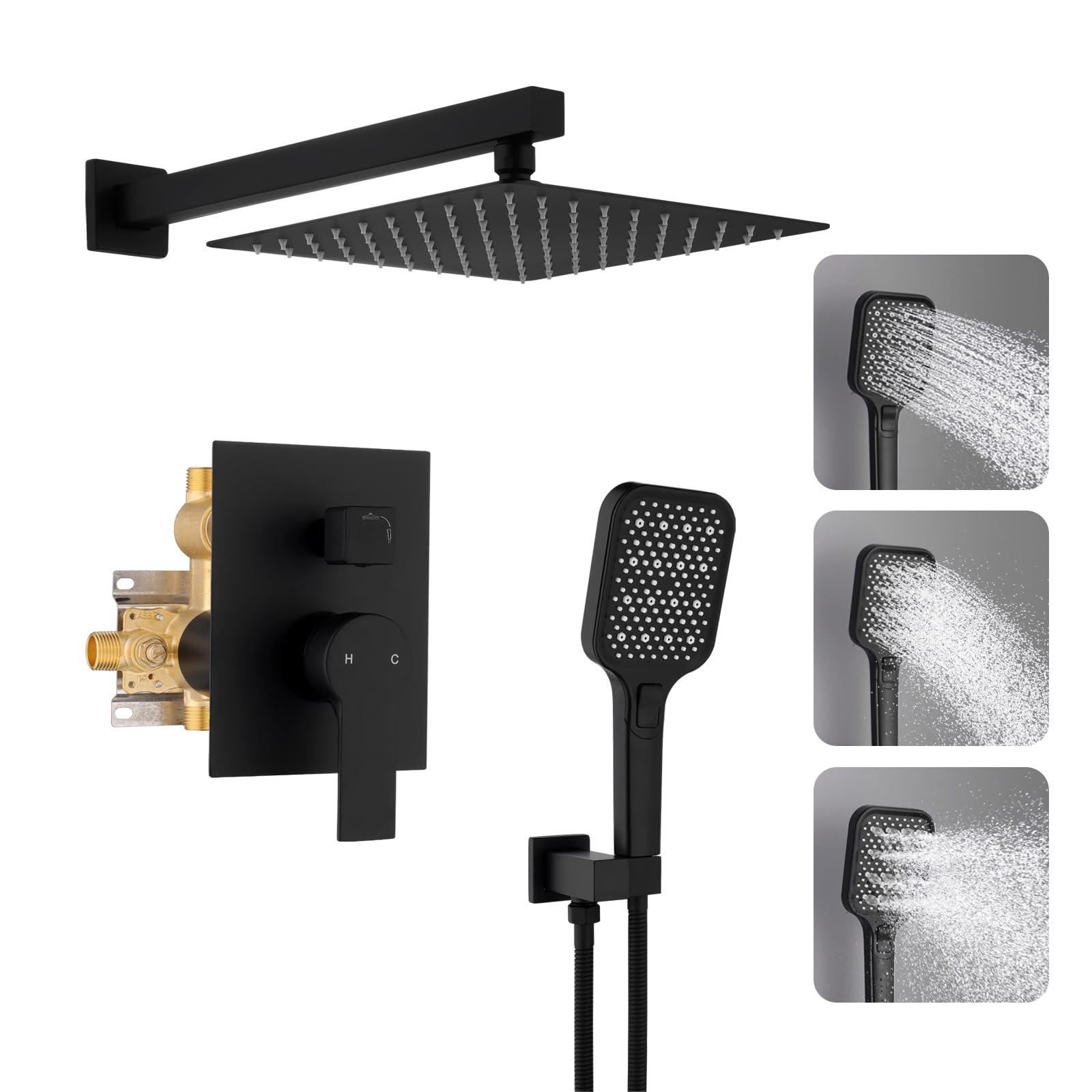 Black Shower Faucet Set,10 inch Shower Systems With Rain Shower and 3 Function Handheld,Wall Mounted Bathroom Luxury Rain Mixer Combo Set,Inclued Shower Valve and Trim Kit