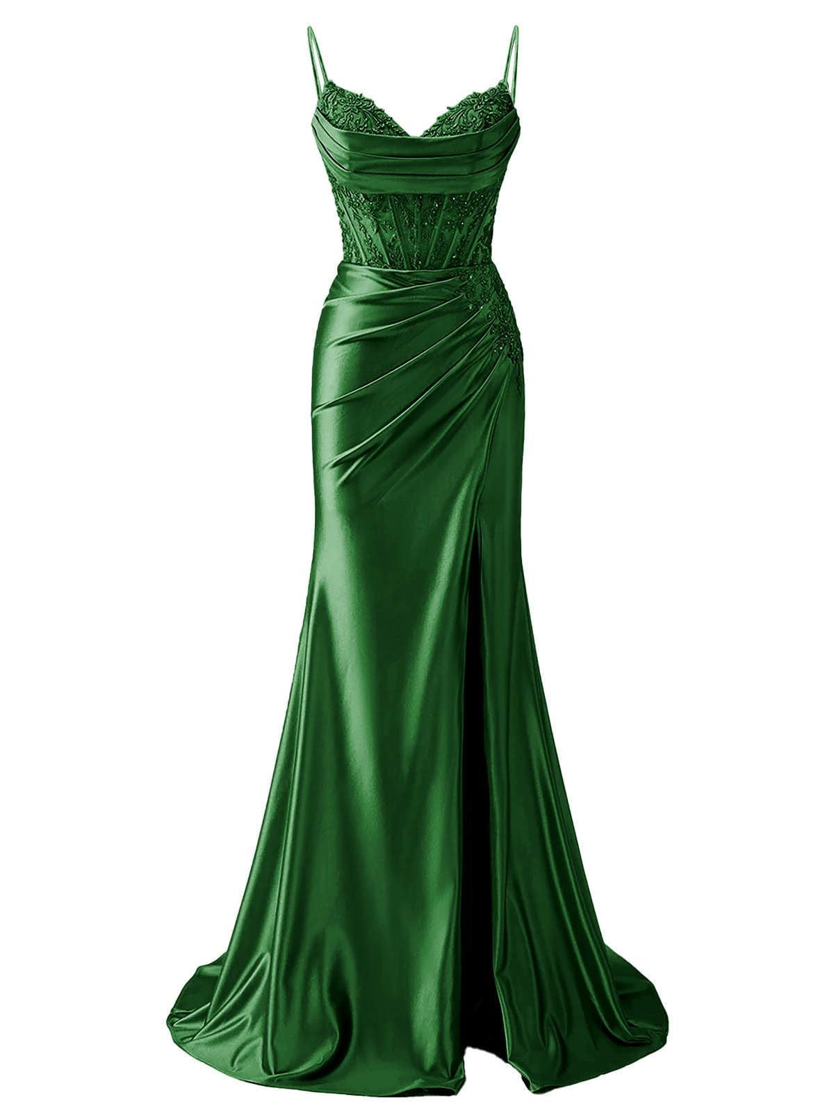 HPPEE Emerald Green Prom Dresses for Women with Slit Lace Applique Satin Formal Party Gown V Neck Corset Evening Dress UK12