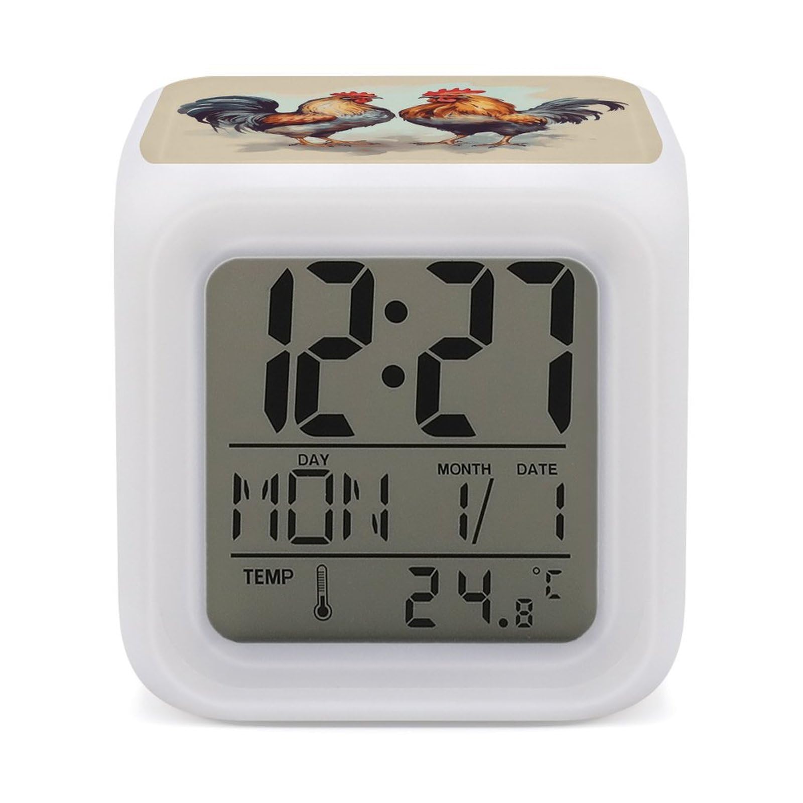 FekiLoot Rooster and Hen Alarm Clock for Heavy Sleepers Small Digital Alarm Clock with Date Temperature Wake Up Digital Clocks with 7 Colors Changing Desk Clocks for Bedroom Bedside Nightstand