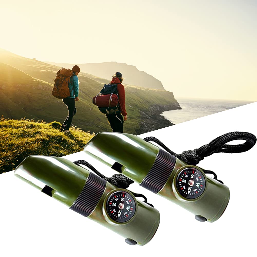 equlup Emergency Survival Whistle, 2pcs Multifunction Loud Safe Whistle LED Thermometer Compass Survival Tool with 40cm Lanyard for Outdoor Camping