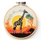 Kreuzstich-Stickset mit Giraffe und Sonnenuntergang, 11 Karat, vorgedruckt, für Erwachsene, Anfänger, DIY, Stickerei-Set mit Reifen, 35 x 35 cm (f135)