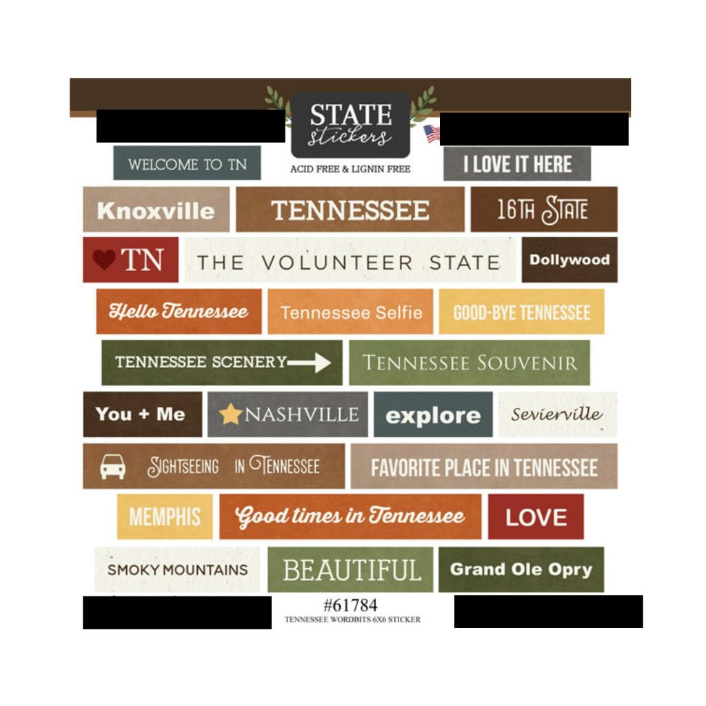 Scrapbook Customs Tennessee Wordbits Travel & Vacation Cardstock Scrapbook Stickers 6" x 6" Sheet