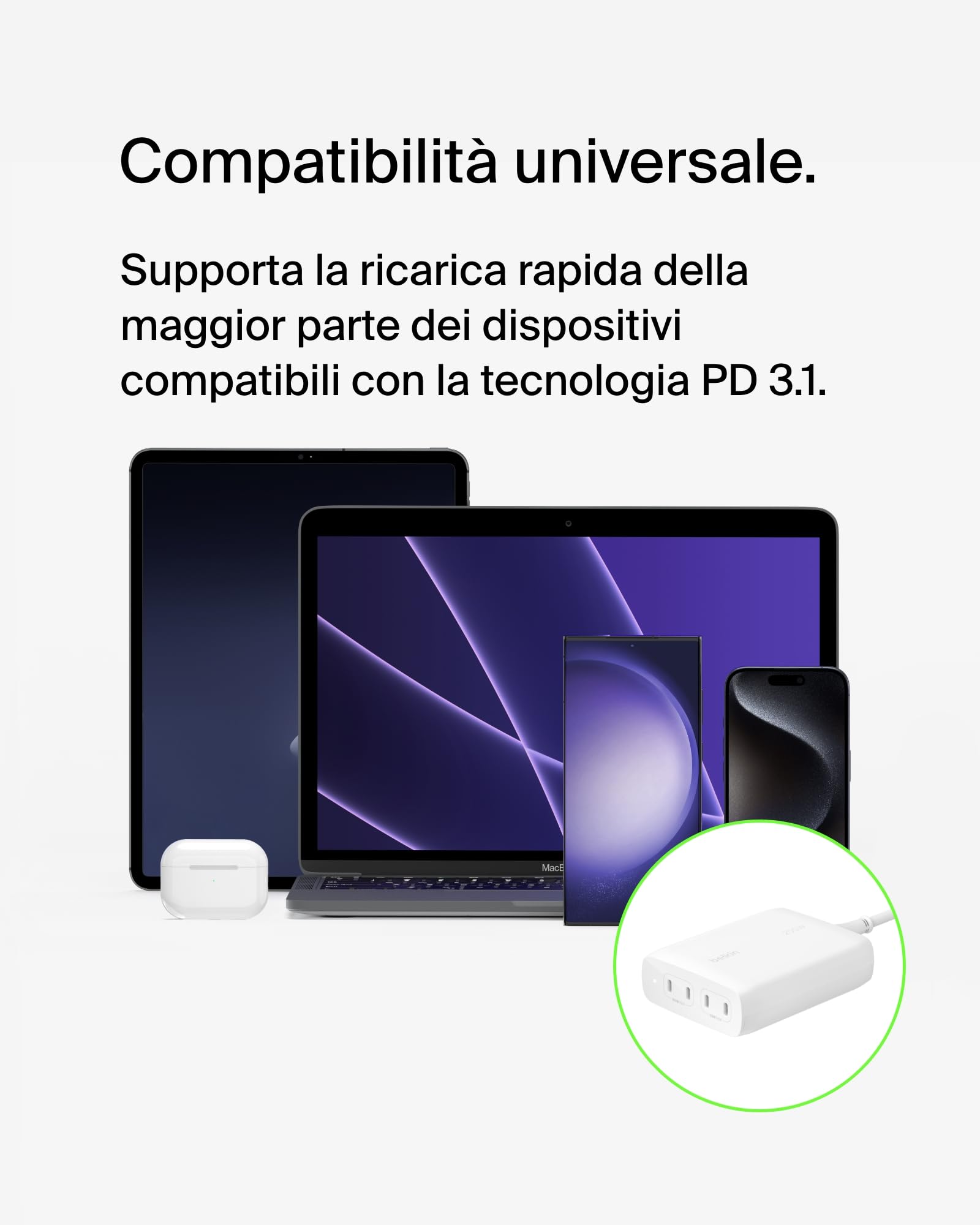 Belkin BoostCharge Pro Caricabatteria multiporta da parete GaN 200 W, 4 porte con ricarica rapida USB-C PD 3.1, cavo da 1,5 m, per MacBook Pro, iPhone 16, iPad Pro, Galaxy S24, Google Pixel ecc.