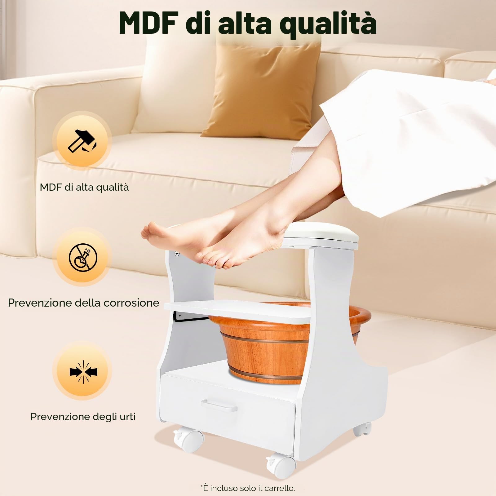 Sgabello da bagno con piedini, poggiapiedi per pedicure, carrello per manicure, sgabello da bagno piedi con ruote freno, cassetto, vassoio per appoggio, carico 20 kg, MDF, casa Spa soggiorno Institute