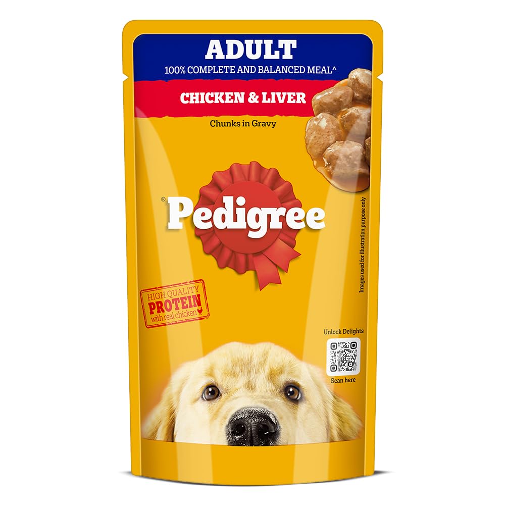 Pedigree Adult Wet Dog Food, Chicken & Liver Chunks in Gravy, 130 g, Complete & Balanced Meal for Adult Dogs