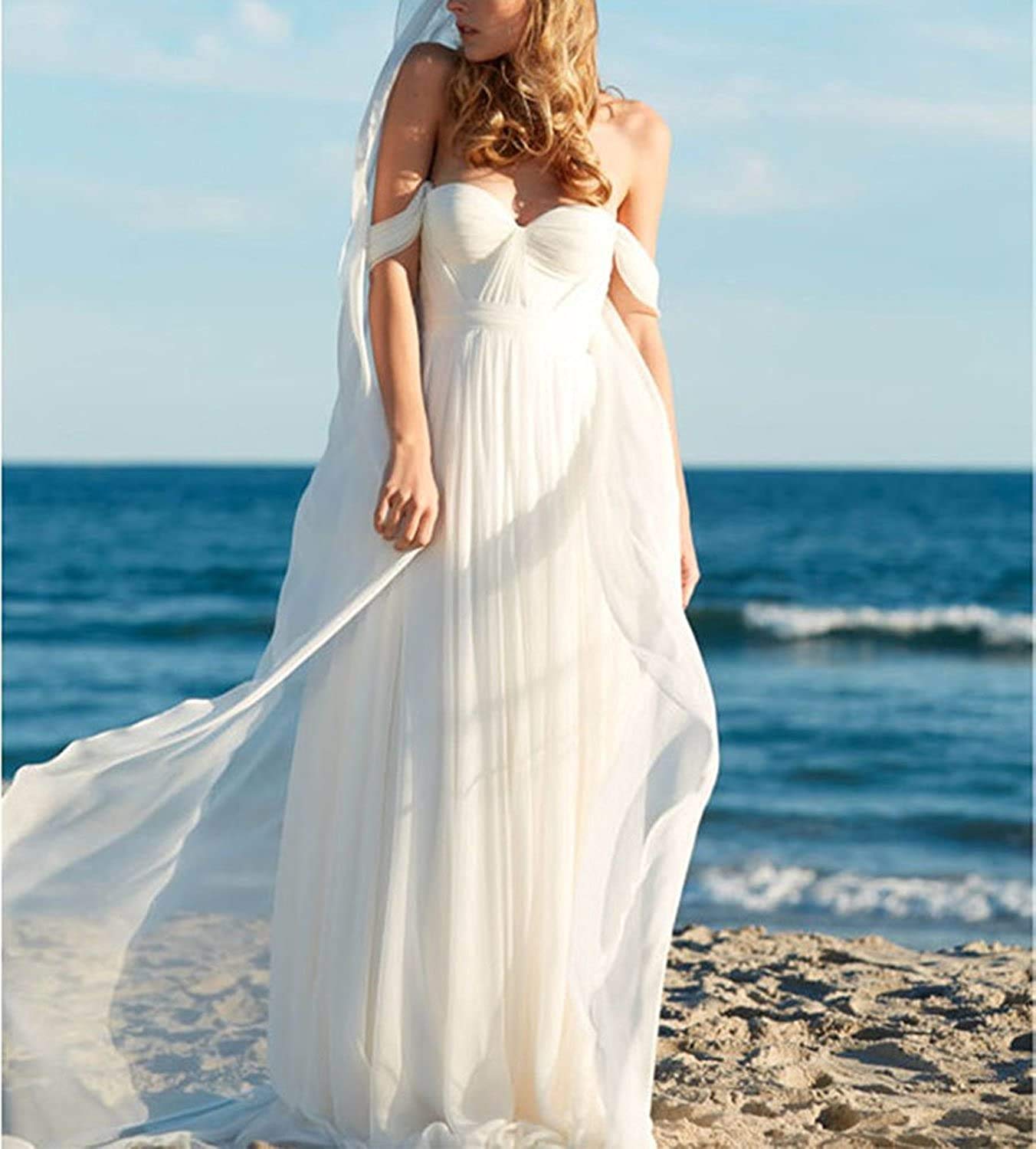 Off Shoulder Chiffon Brautmode Abendkleider Strandkleider Schulterfrei A-Linie Lang, Elfenbein, 40