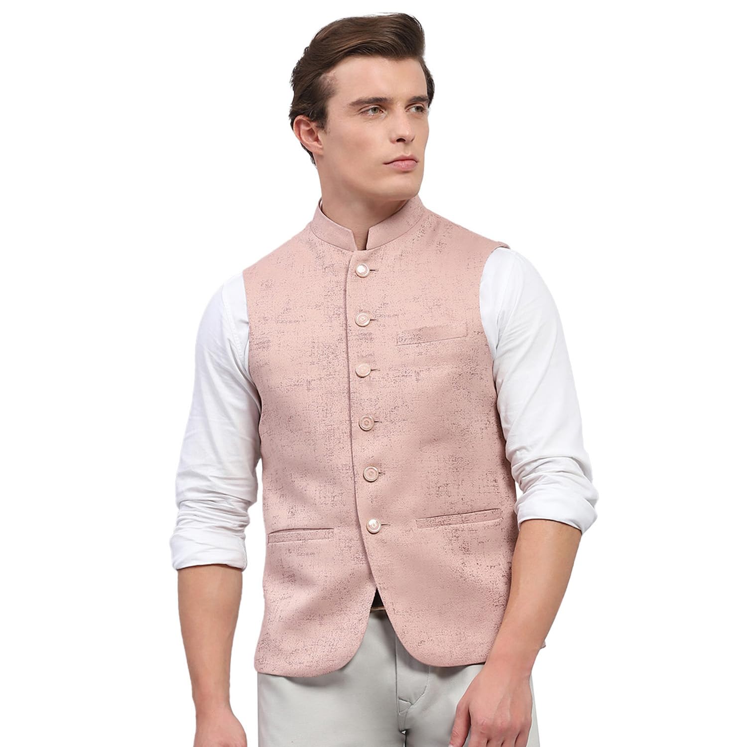 Mens Self Design Band Neck Sleeveless Coat (224021060)