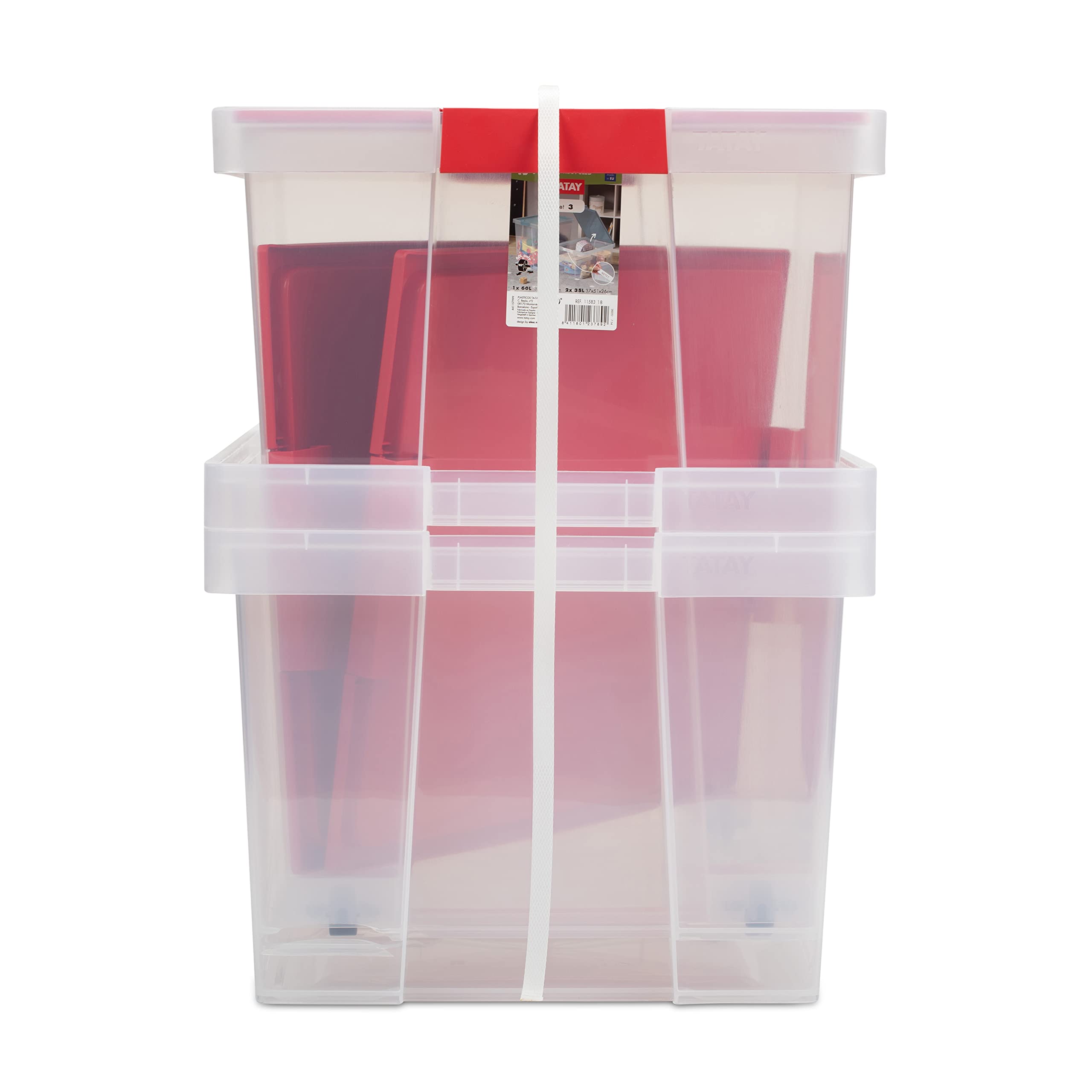 Tatay Lote 3 Cajas De Almacenaje con Tapa, 2 X 35L, 1 X 60L, con Asas, Tapa 100% Materiales Reciclados, Libre De Bpa, Rojo, Medidas 37 X 50.5 X 48.7 Cm